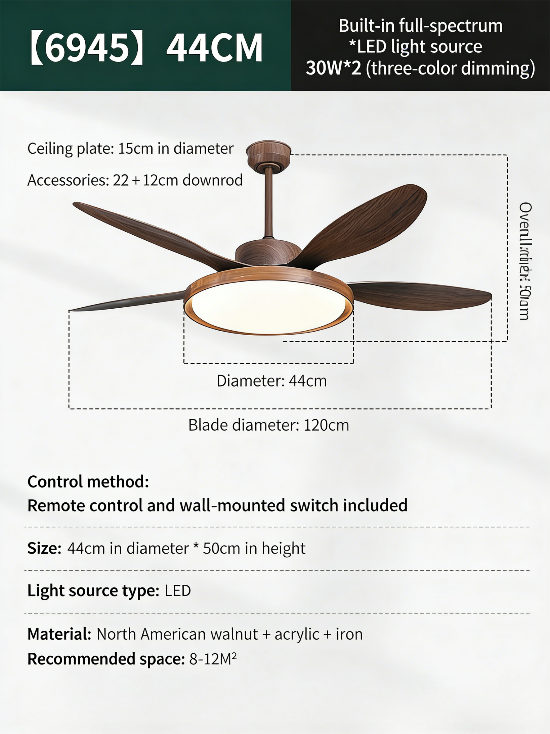 North American black walnut living room ceiling fan light, vintage dining room bedroom high wind ceiling fan with light - Ceiling Fans | CHEERFUL Kenya image 3 detail view
