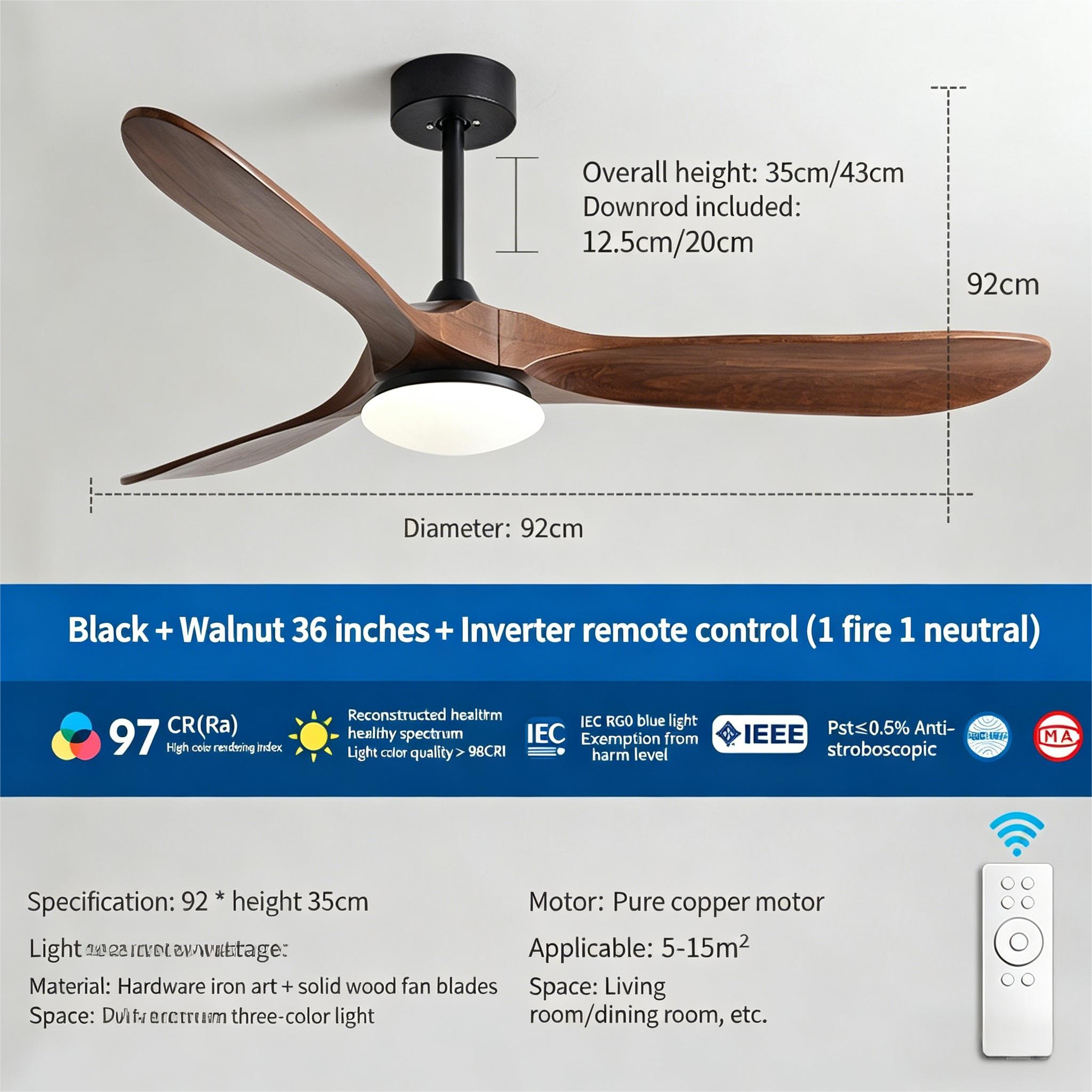 90 inch high wind solid wood ceiling fan light, variable frequency integrated electric fan light - Ceiling Fans | CHEERFUL Kenya image 2 detail view